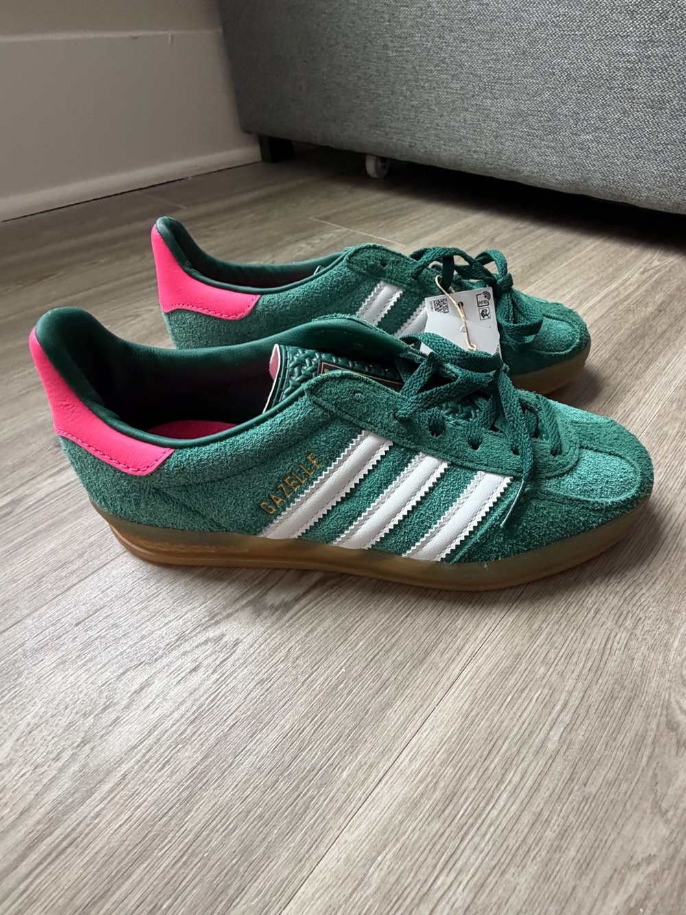 adidas Gazelle Sneakers in Green with Pink Heel
